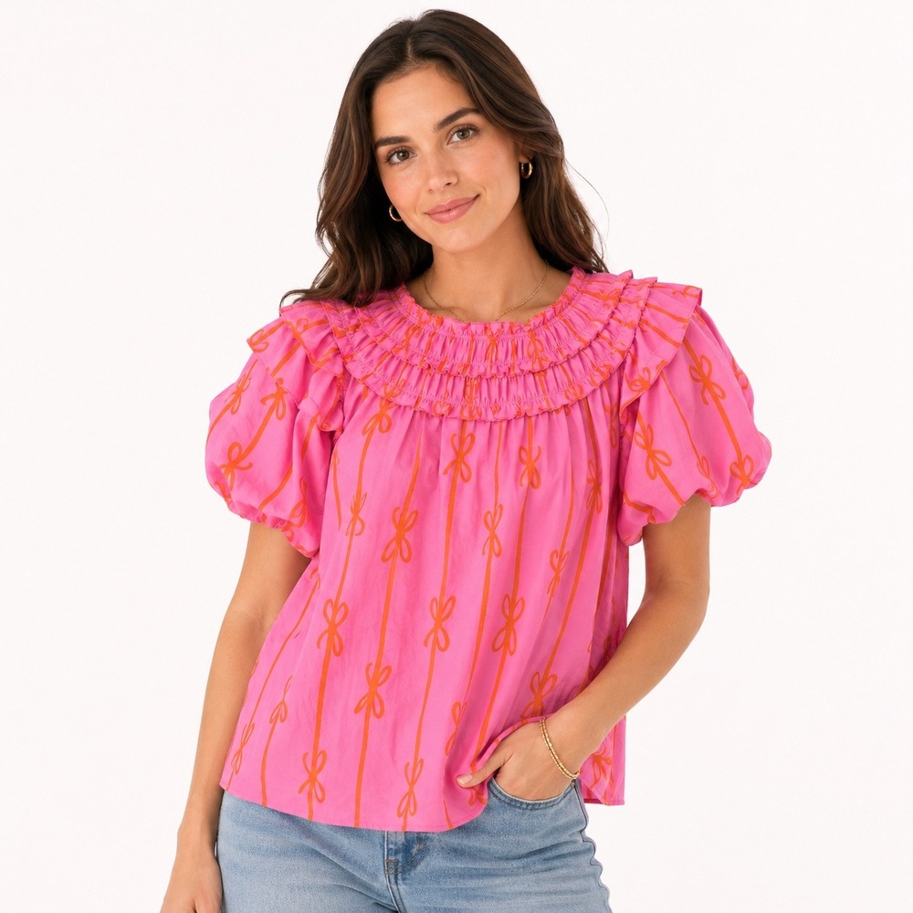 BiBi Pink Orange Bow‎ Print Ruffle Neck Puff Sleeve Blouse XL NWT Boutique